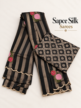 Black Space Silk Saree with Golden Stripes & Rose Embroidery