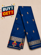 Royal Blue Soft Silk Saree with Gold Zari Buttas & Floral Pallu