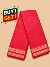 Coral Red Soft Silk Saree with Elegant Gold Zari Leaf Border