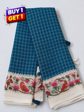 Blue Linen Cotton Saree with Handcrafted Bird & Lotus Border