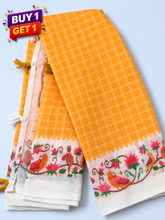 Yellow Checked Linen Cotton Saree with Floral Bird Border
