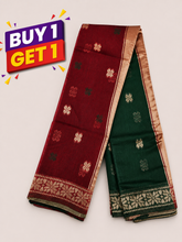 Maroon & Bottle Green Soft Silk Saree with Gold Zari Floral Border