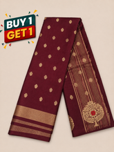 Wine Maroon Soft Silk Saree with Gold Zari Buttas & Floral Designer Pallu