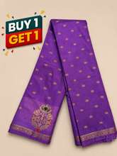 Purple Silk Saree with Gold Butti Motifs & Floral Zari Border