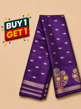 Purple Soft Silk Saree with Gold Zari Buttas & Floral Designer Pallu