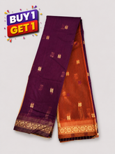 Purple Soft Silk Saree with Copper Contrast Pallu & Gold Zari Border