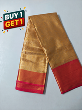 Golden Soft Silk Saree with Pink Contrast Border & Floral Zari Weaving