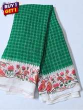 Green Checked Cotton Saree with Artistic Floral Bird Border