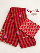Maroon Space Silk Saree with Golden Stripes & Floral Embroidery
