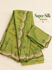 Olive Green Space Silk Saree with Floral Embroidery