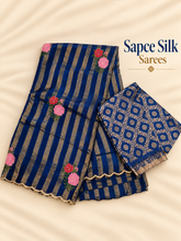 Royal Blue Space Silk Saree with Gold Stripes & Floral Embroidery