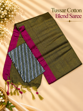 Olive Green Tussar Cotton Blend Saree with Magenta Border