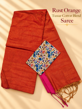 Rust Orange Tussar Cotton Blend Saree with Magenta Border
