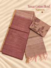 Mauve & Beige Tussar Cotton Blend Saree with Striped Woven Texture