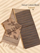 Taupe & Charcoal Grey Tussar Cotton Blend Saree with Floral Printed Blouse