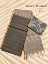 Charcoal Grey & Taupe Tussar Cotton Blend Saree with Golden Stripes