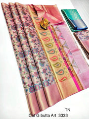 Coral Peach & Gold Gift Butta Arts Kanchi Semi Fancy Silk Sarees โ Blush of Tradition VR MISS | Sarees that defines you