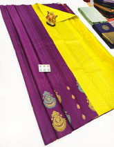 Magenta Kanchipuram Silk Saree with Yellow Zari Border & Peacock Motifs