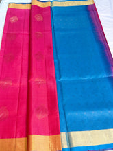 Peacock Blue with Rani Pink Leaf Motifs – Kanchipuram Silk Saree