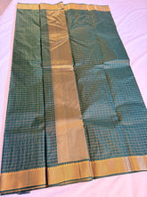 Bottle Green Checked Kanchipuram Silk Saree with Intricate Gold Zari Borders