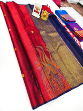 Red & Navy Blue Kanchipuram Silk Saree with Peacock Pallu