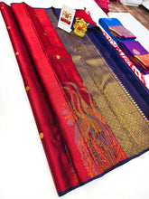 Red & Navy Blue Kanchipuram 100% Silk Saree with Peacock Pallu