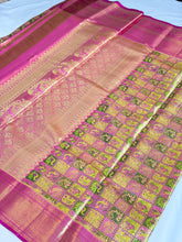 Golden Pink Kanchipuram Silk Saree with Green & Zari Animal Motifs