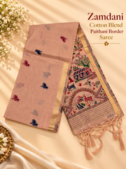 Peach Zamdani Cotton Blend Paithani Border Saree