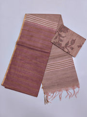 Mauve & Beige Tussar Cotton Blend Saree with Striped Woven Texture