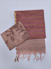 Mauve & Beige Tussar Cotton Blend Saree with Striped Woven Texture