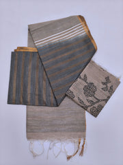 Grey & Charcoal Tussar Cotton Blend Saree with Striped Pallu