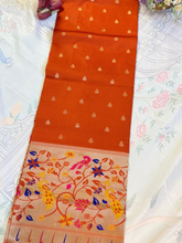 paithani silk saree orange peacock motif design