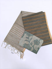 Charcoal Grey & Taupe Tussar Cotton Blend Saree with Golden Stripes