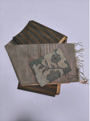 Charcoal Grey & Taupe Tussar Cotton Blend Saree with Golden Stripes