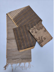 Taupe & Charcoal Grey Tussar Cotton Blend Saree with Floral Printed Blouse