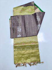 Olive Green & Chocolate Brown Upada Pattu Saree with Floral Woven Designs