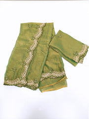 Olive Green Space Silk Saree with Floral Embroidery
