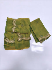 Olive Green Space Silk Saree with Floral Embroidery