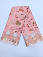 Peach Kota Saree with Floral Weave & Golden Zari Border