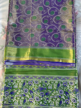 Purple & Parrot Green Tissue Gadwal Semi silk saree