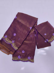 Deep Plum Space Silk Saree with Purple Floral Embroidery
