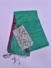 Teal Green Tussar Cotton Blend Saree with Magenta Border