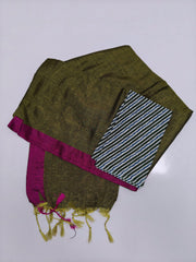 Olive Green Tussar Cotton Blend Saree with Magenta Border