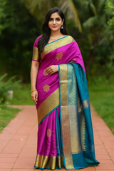 Rajnitha Purple Kanchipuram Silk Saree with Blue Pallu