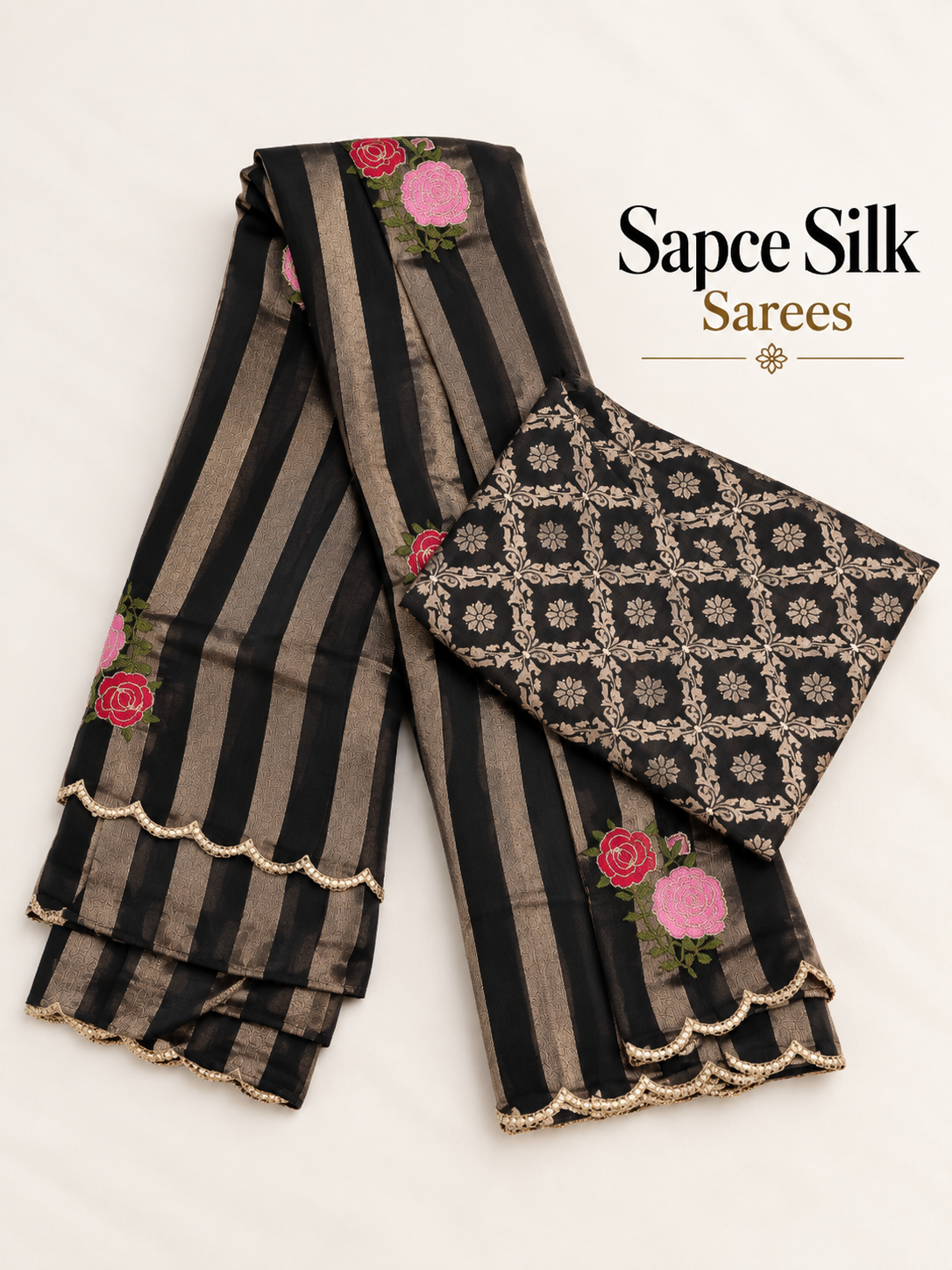 Black Space Silk Saree with Golden Stripes & Rose Embroidery
