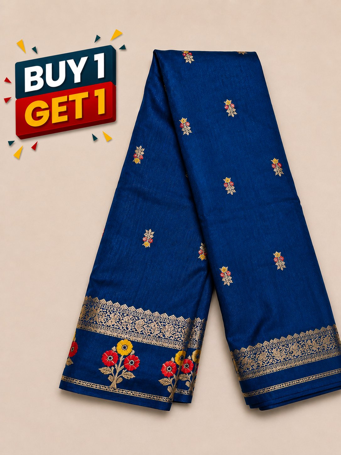 Royal Blue Soft Silk Saree with Gold Zari Buttas & Floral Pallu