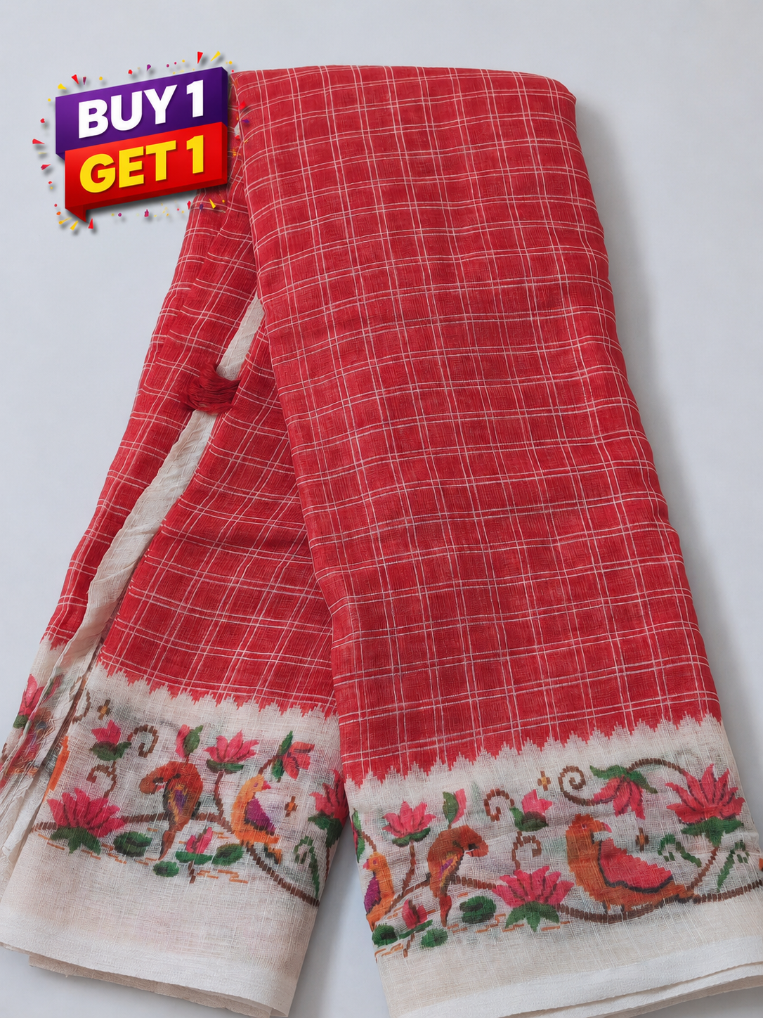 Red Linen Cotton Saree with Handcrafted Bird & Lotus Floral Border