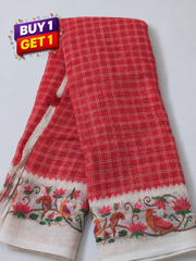 Red Linen Cotton Saree with Handcrafted Bird & Lotus Floral Border