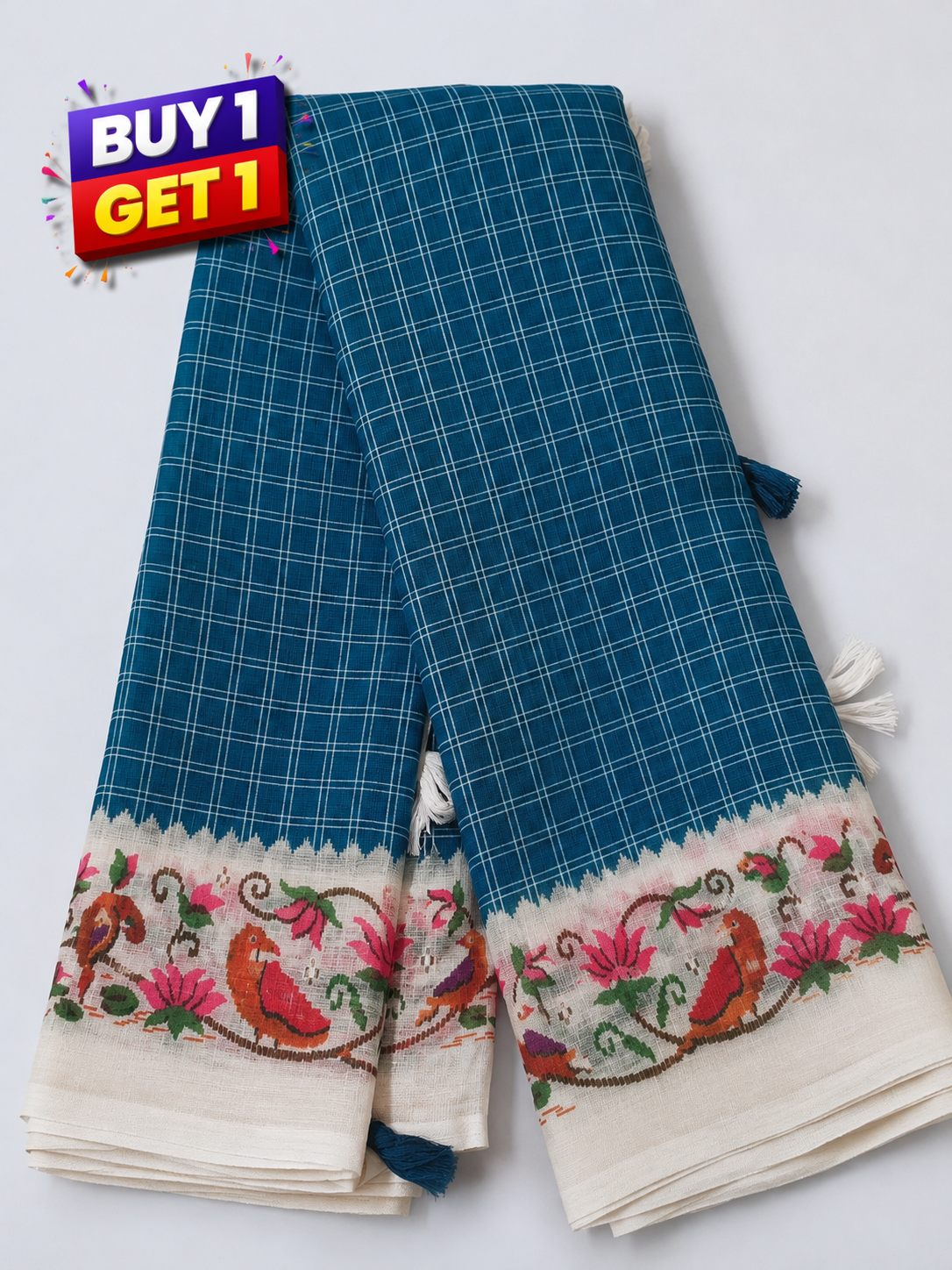 Blue Linen Cotton Saree with Handcrafted Bird & Lotus Border