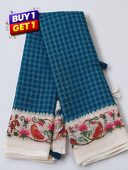 Blue Linen Cotton Saree with Handcrafted Bird & Lotus Border